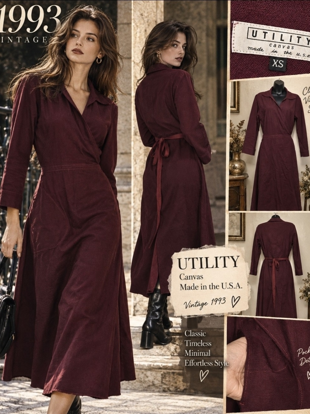 utility canvas burgundy cotton wrap midi dress xs usa